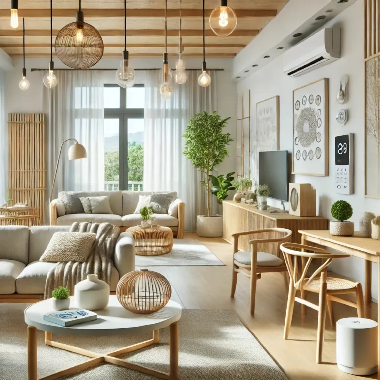 Eco-friendly modern living room with energy-efficient lighting, bamboo furniture, and organic textiles.
