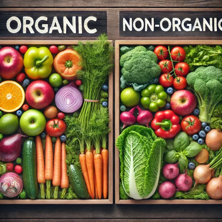 Comparison between organic and non-organic fruits and vegetables, highlighting myths about organic food.