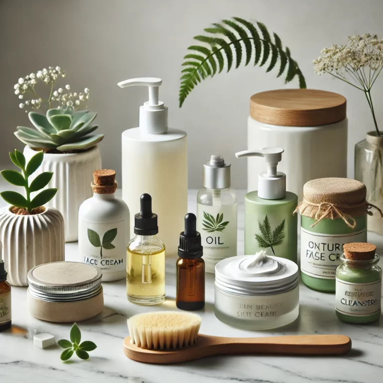 Natural skincare products including organic face creams, essential oils, and plant-based cleansers, displayed on a marble countertop.