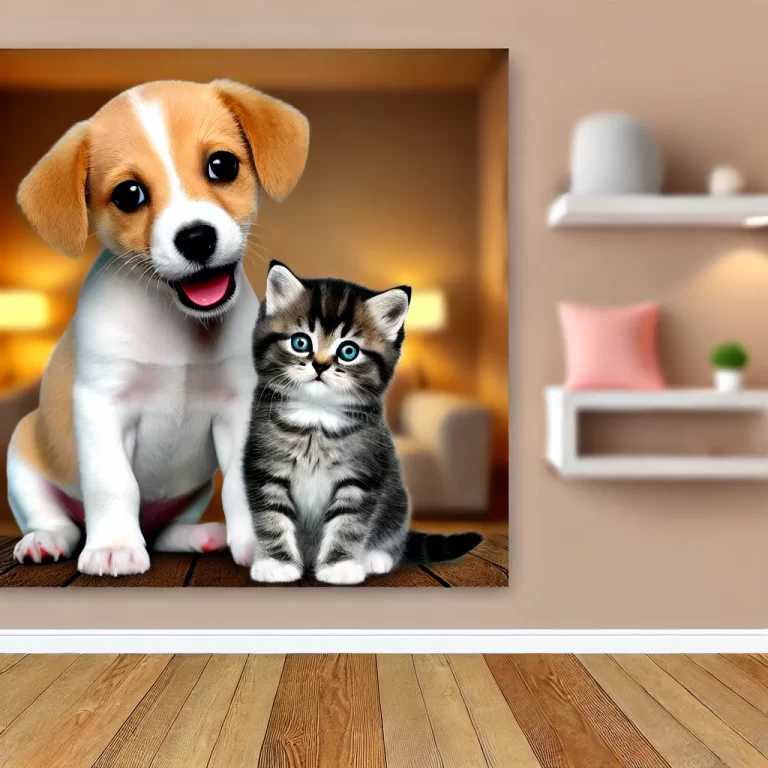 A cute, realistic photo of a playful puppy and kitten sitting together in a cozy home setting, with warm lighting highlighting their curious expressions.