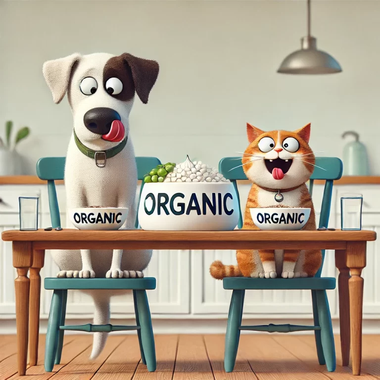 A funny and realistic image of a dog and cat sitting at a dining table, eagerly looking at a bowl labeled 'organic,' with humorous expressions, in a cozy kitchen setting.