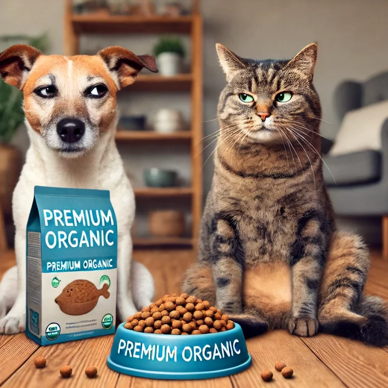 A funny, realistic image of a dog and cat with humorous expressions, sitting together and skeptically looking at a bowl labeled 'Premium Organic' pet food in a cozy home setting.