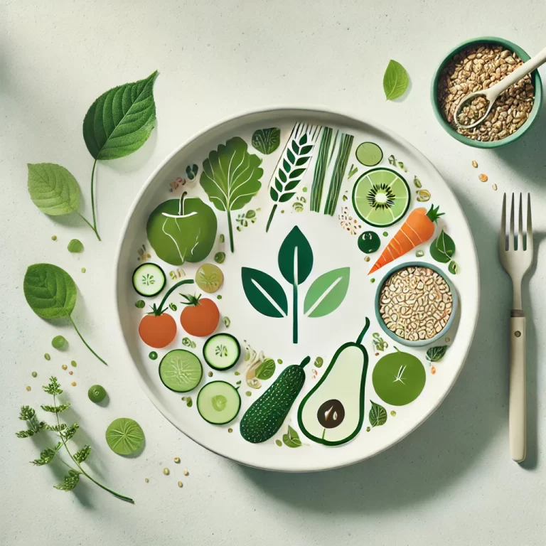 Simple illustration of sustainable eating, featuring a plate of fresh vegetables, fruits, and grains, symbolizing organic and plant-based food choices.