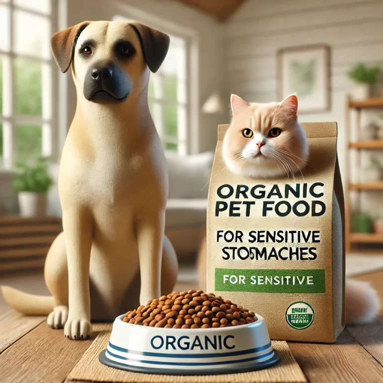 Healthy dog and cat beside a bowl of organic pet food for sensitive stomachs, in a natural, pet-friendly home setting.