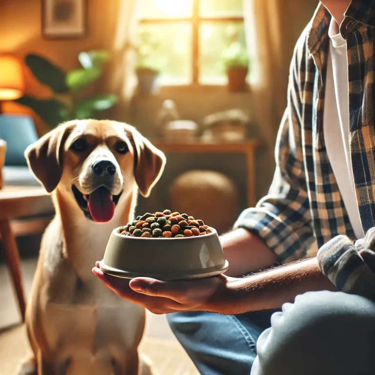 A person holding a bowl of organic pet food with a happy dog looking up at them in a cozy home setting