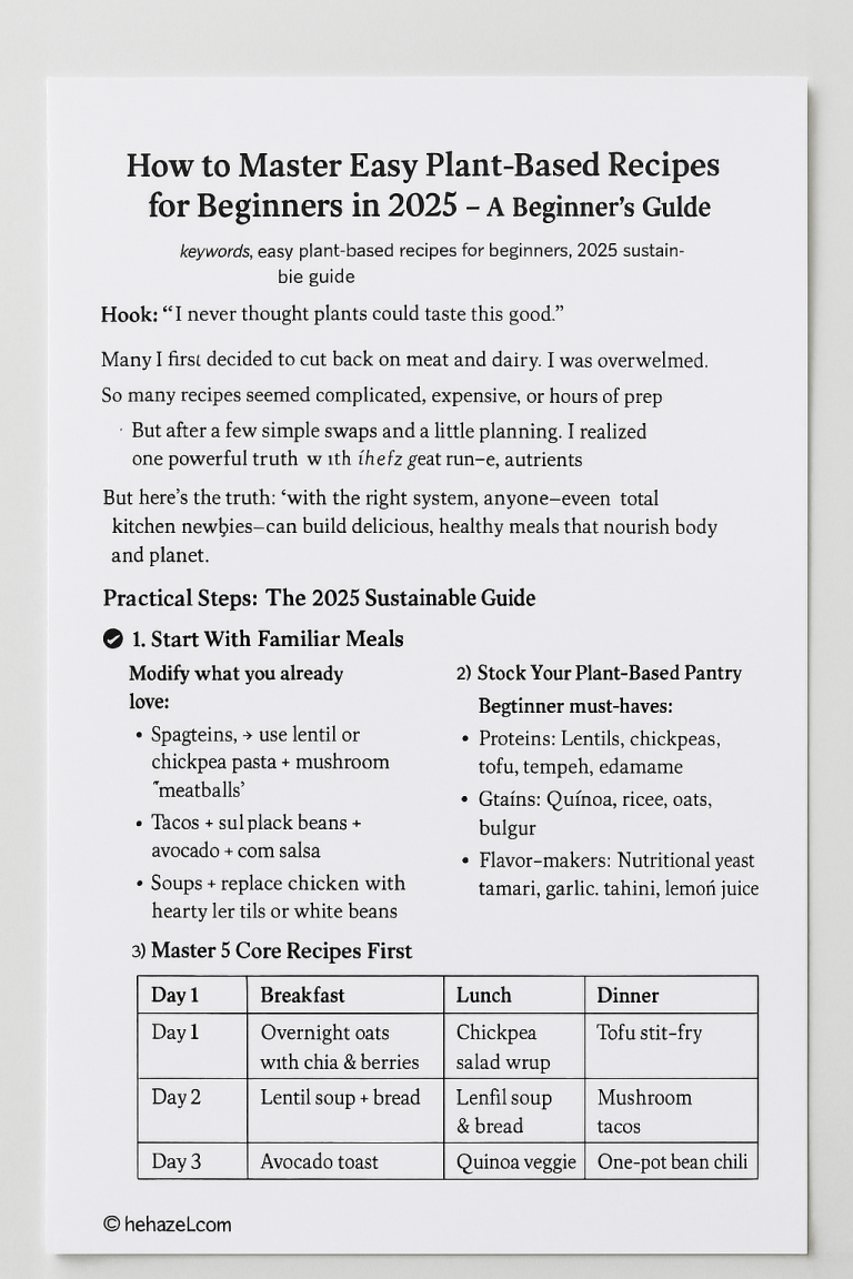 Infographic about mastering easy plant-based recipes in 2025 with tips, pantry items, and a 3-day beginner meal plan.