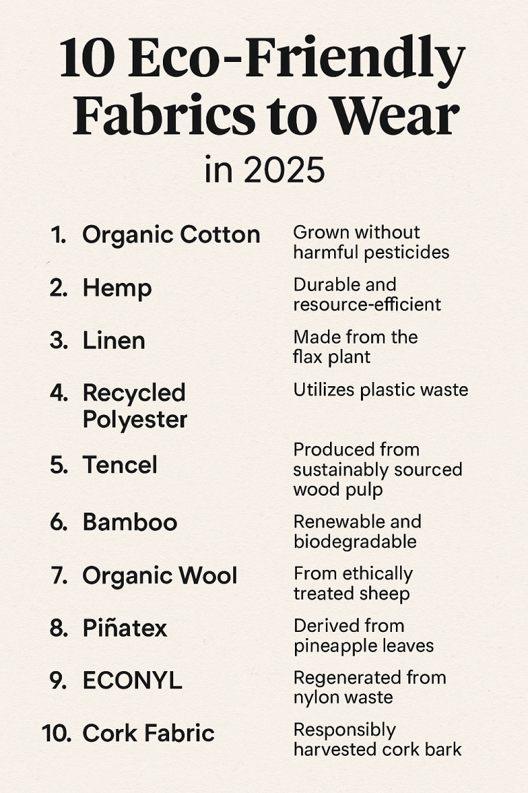 Infographic listing 10 expert-approved eco-friendly fabrics to wear in 2025, featuring sustainable materials like hemp, organic cotton, and Tencel.