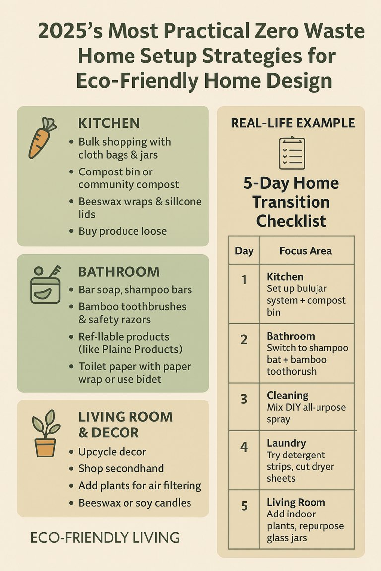 Infographic showing step-by-step zero waste home setup strategies for 2025, including kitchen, bathroom, laundry, and decor tips for sustainable living.