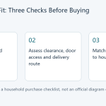 Three-step refrigerator diagram: record space and model requirements; assess clearance, door access and delivery route; match usable storage to household needs.