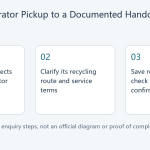 Three-step editorial diagram: identify the collector, clarify recycling route and terms, then save and assess handoff records.
