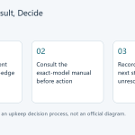 Three-step editorial diagram: observe placement and door edges, consult the exact-model manual, then record a bounded next step or unresolved question.
