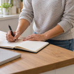 AI illustration of a person writing in a notebook beside an unbranded front-loading laundry appliance.