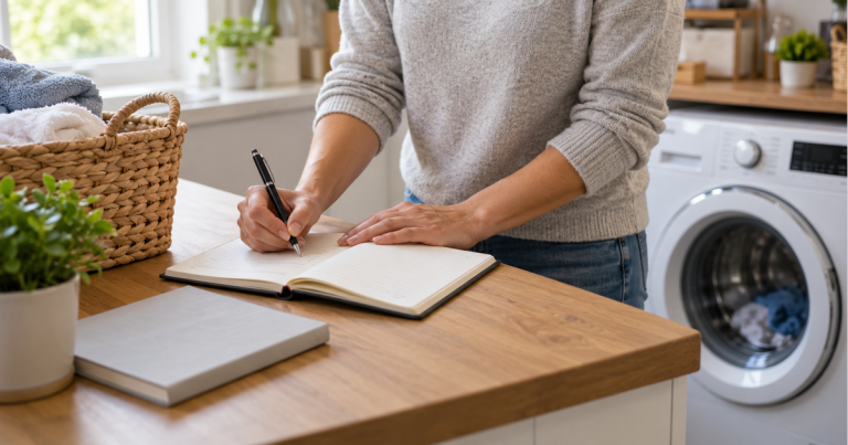 AI illustration of a person writing in a notebook beside an unbranded front-loading laundry appliance.