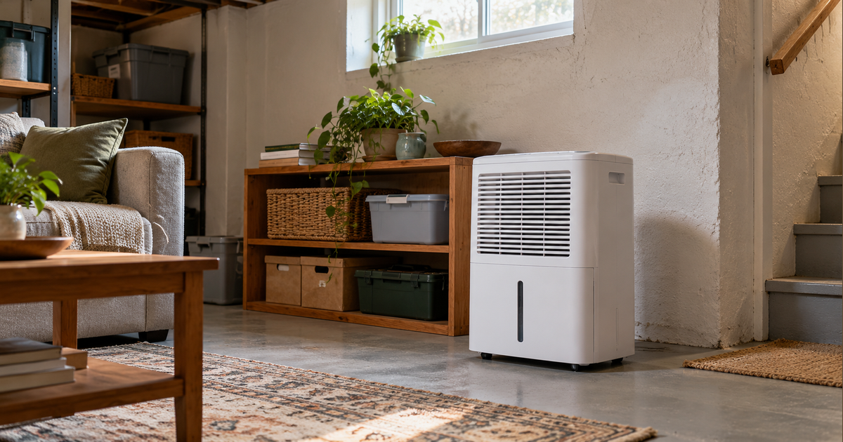 AI illustration of a generic white portable dehumidifier standing in a tidy basement living area.