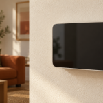 Unbranded wall-mounted control with a dark blank screen on a textured wall beside a sunlit living room
