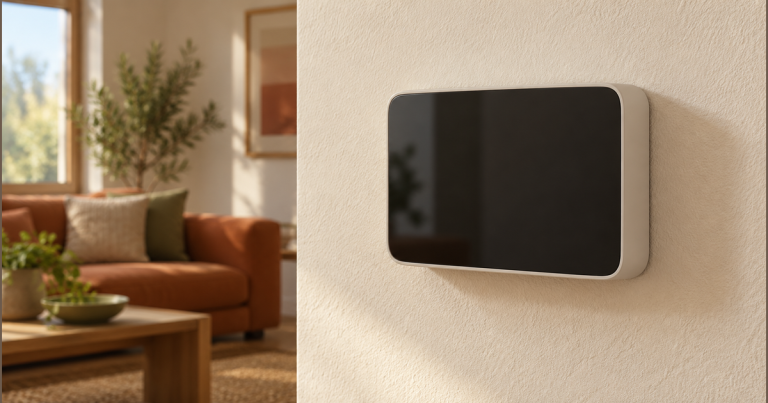 Unbranded wall-mounted control with a dark blank screen on a textured wall beside a sunlit living room