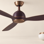 Illustrative three-blade ceiling fan beside a separate light-kit form and an unbranded control on an ivory background