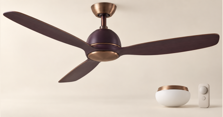 Illustrative three-blade ceiling fan beside a separate light-kit form and an unbranded control on an ivory background
