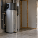 An unbranded heat-pump water heater in a utility room with surrounding floor space and a doorway