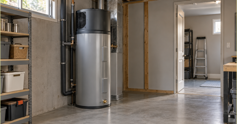 An unbranded heat-pump water heater in a utility room with surrounding floor space and a doorway